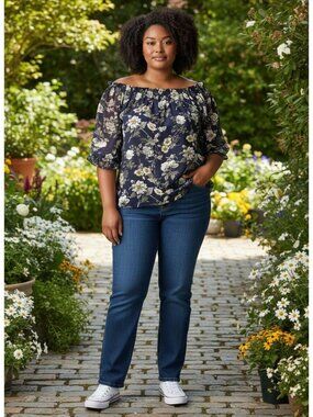 Altar'd State Floral Off-Shoulder Navy Blue Blouse 3/4 Sleeves Womens S Polyeste